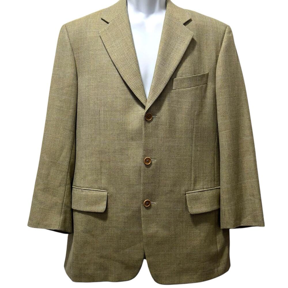 Samuelsohn Italian Wool 3 Button Sport Coat Blazer Tan Houndstooth Men’s Sz 40R‎